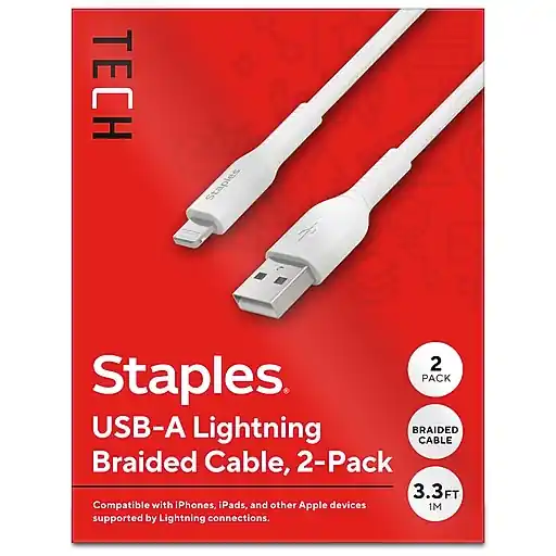 Staples TECH Lightning to USB-A Charging Cable, 3.3 ft., White, 2/Pack (ST62330) Mega Sale