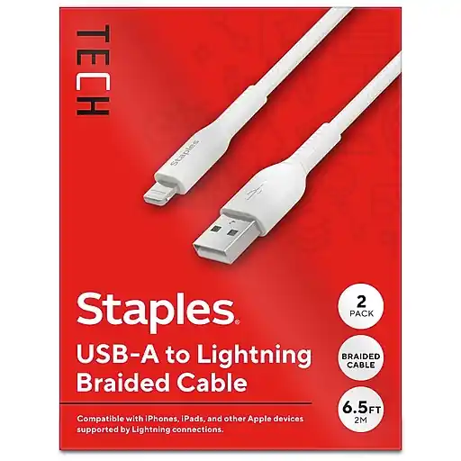 Staples TECH Lightning to USB-A Charging Cable, 6.6 ft., White, 2/Pack (ST62319) Free Delivery