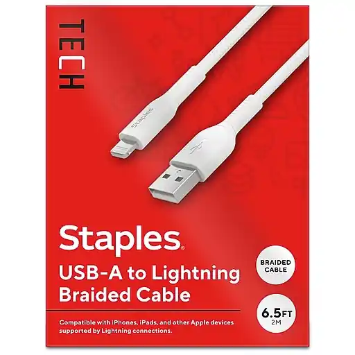 Latest Staples TECH Lightning to USB-A Charging Cable, 6.6 ft., White (ST62331)