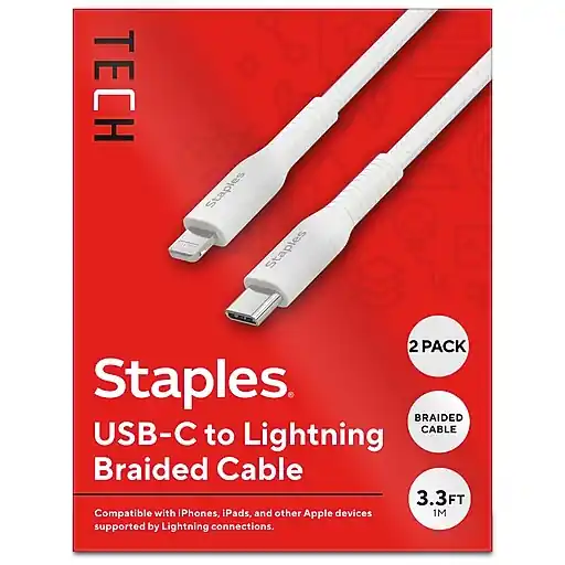 Budget Staples TECH Lightning to USB-C Charging Cable, 3.3 ft., White, 2/Pack (ST62332-VB)