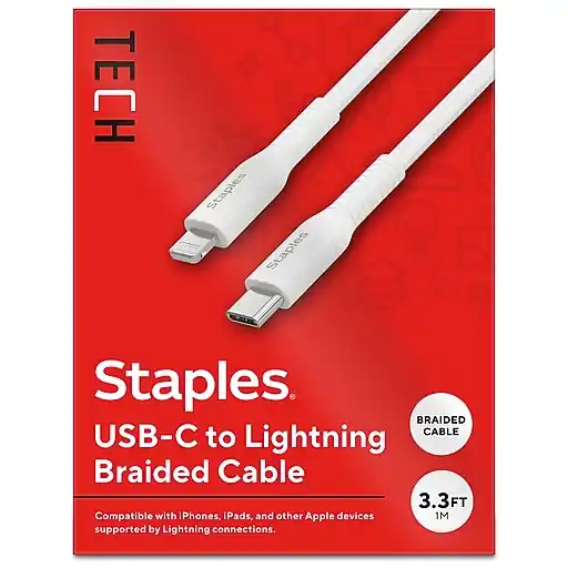 Deal Staples TECH Lightning to USB-C Charging Cable, 3.3 ft., White (ST62332)
