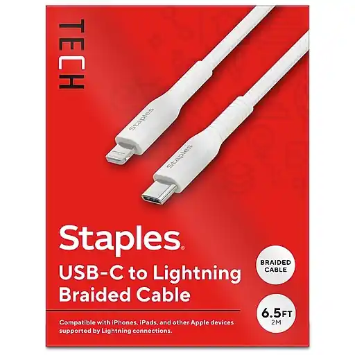 Staples TECH Lightning to USB-C Charging Cable, 6.5 ft., White (ST62333) New Release