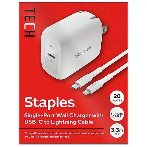 Staples TECH USB-C Wall Charger with Cable, 20W, White (ST62321) Best Price