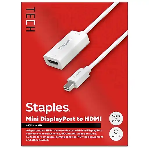 Staples TECH Mini DisplayPort to HDMI Audio/Video Adapter, Male to Female, White (ST62353) Direct From Manufacturer