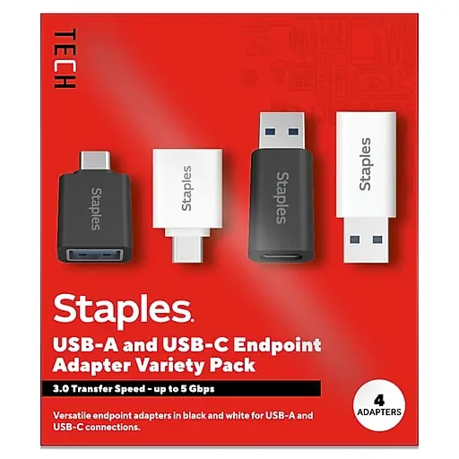 Staples TECH USB-A to USB-C & USB-C to USB-A Adapter, Male to Female, Assorted Colors, 4/Pack (ST63351) Next Day Delivery