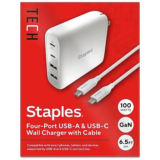 Limited Edition Staples TECH GaN USB-A/USB-C Wall Charger with Cable, 100W, White (ST62314)