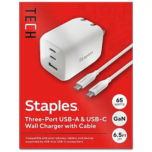 Markdown Staples TECH GaN USB-A/USB-C Wall Charger with Cable, 65W, White (ST62326)