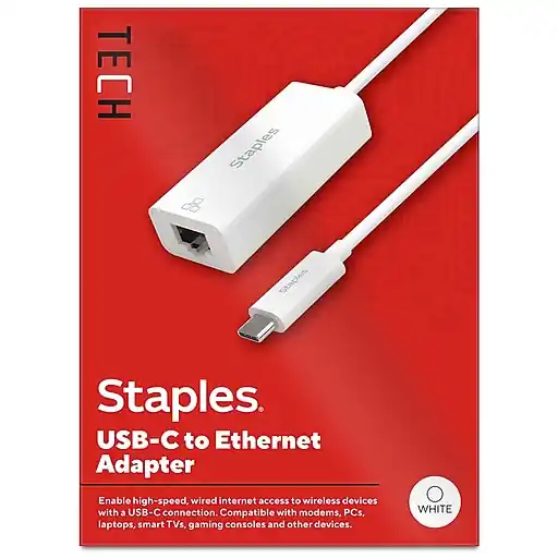 Hot Deal Staples TECH USB-C to Ethernet Adapter, Female to Male, White (ST62369)