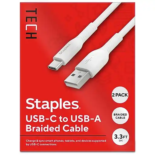 High Quality Staples TECH USB-C to USB-A Charging Cable, 3.3 ft., 480 Mbps, White, 2/Pack (ST62337-VB)