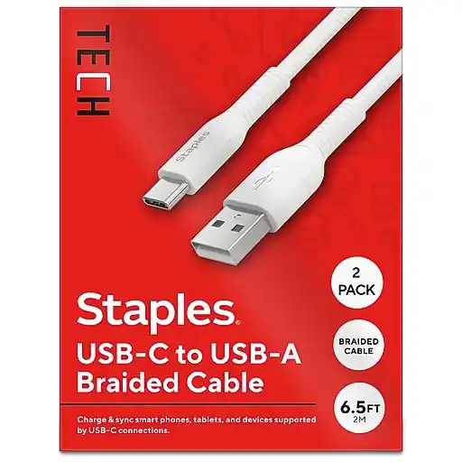 Authentic Staples TECH USB-C to USB-A Charging Cable, 6.5 ft., White, 2/Pack (ST62338-VB)