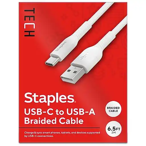 Exclusive Offer Staples TECH USB-C to USB-A Charging Cable, 6.5 ft., White (ST62338)
