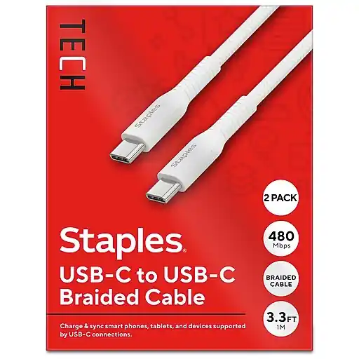 Staples TECH USB-C to USB-C Charging Cable, 3.3 ft., 480 Mbps, White, 2/Pack (ST62334-VB) Money Back Guarantee