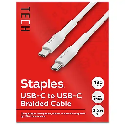Affordable Staples TECH USB-C to USB-C Charging Cable, 3.3 ft., 480 Mbps, White (ST62334)