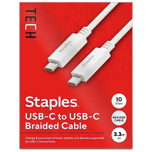 Staples TECH USB-C to USB-C Charging Cable, 3.3 ft., White (ST62317) Authentic