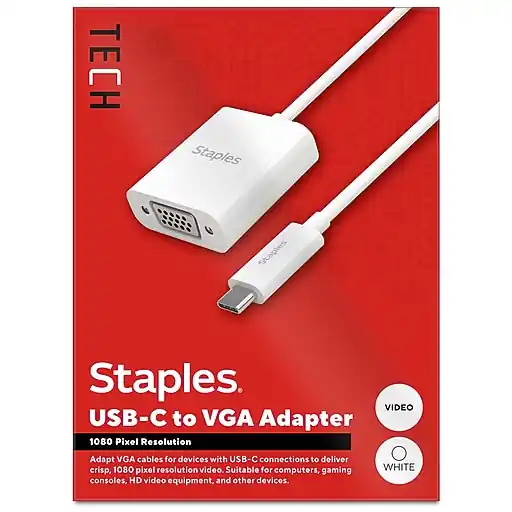 Staples TECH USB-C to VGA Audio/Video Adapter, Male to Female, White (ST62367) Markdown