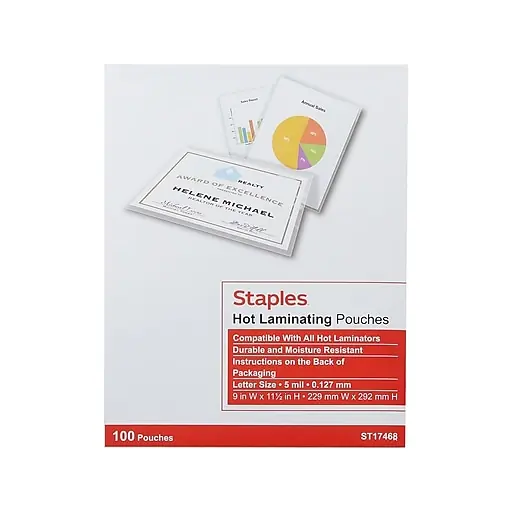 Staples Thermal Laminating Pouch, Letter Size, 5 Mil, 100/Pack, 4 Packs/Carton (5204003/5204009) Limited Edition