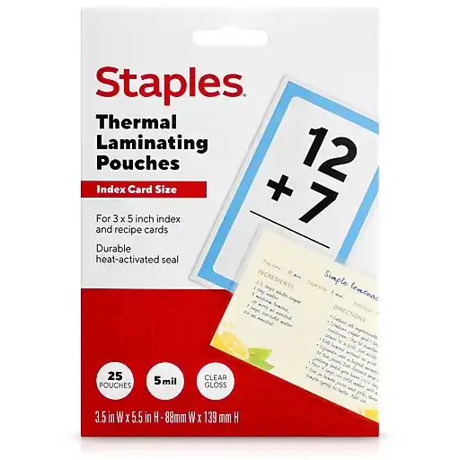 Staples Thermal Laminating Pouches, Index Card, 5 Mil, 25/Pack (5200802/5200805) Must Have