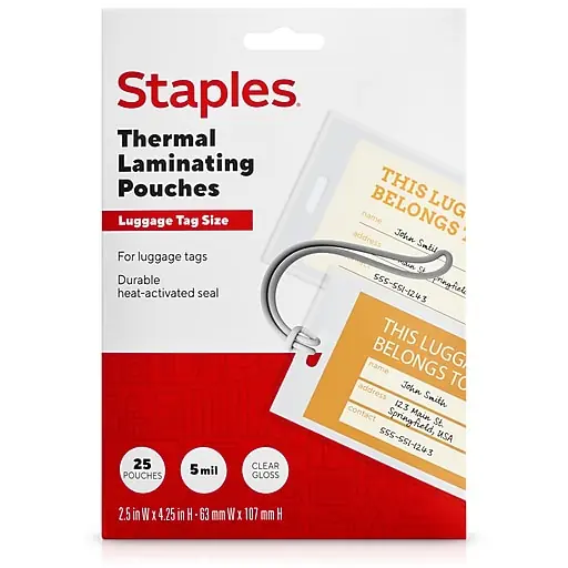 Staples Thermal Laminating Pouches, Luggage Tag, 5 Mil, 25/Pack (5200302/5200304) Exclusive