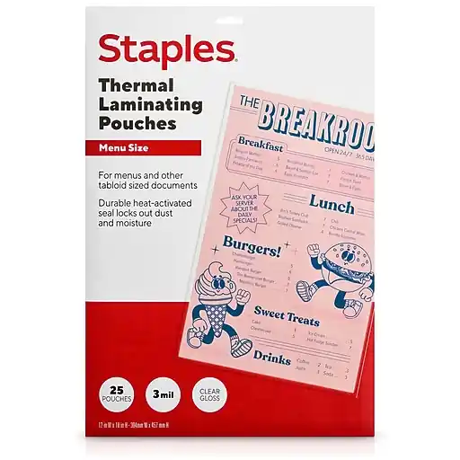 Cheap Staples Thermal Laminating Pouches, Menu Size, 3 Mil, 25/Pack (5201102/5201104)