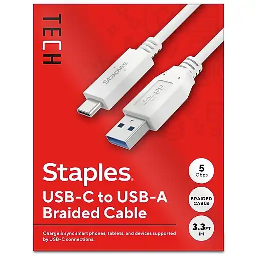 High Quality Staples TECH USB-C to USB-A Charging Cable, 3.3 ft., White (ST62316)