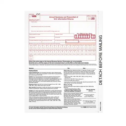 Adams 2025 1096 Tax Form, 1-Part, 25/Pack (L109625) Free Shipping