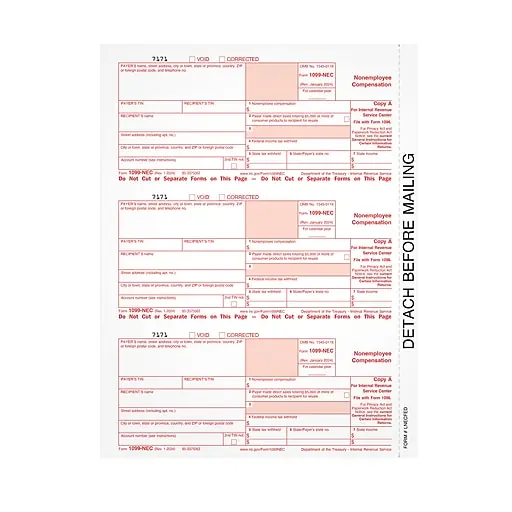 Adams 2025 1099-NEC Tax Form, 1-Part, 3-Up, Copy A, 100/Pack (LNECFED16) Certified