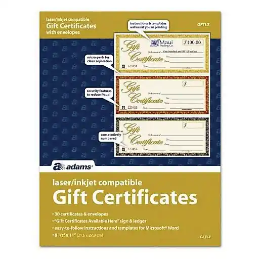 Bulk Order Adams 3-Up Gift Certificates, 30/Pack (GFTLZ)