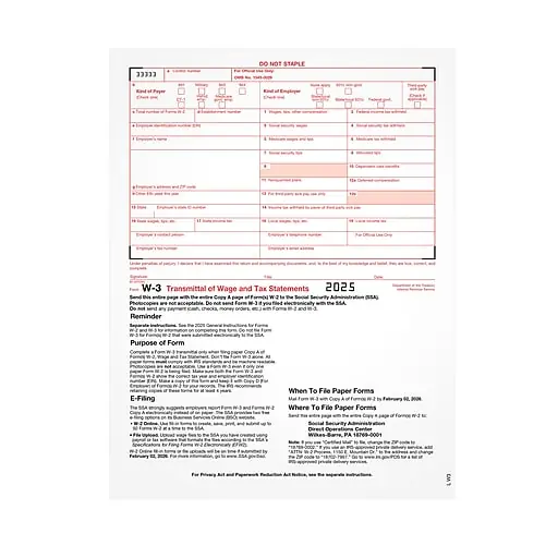 Adams Employee's Copies Cut Sheet 2025 W-3 Tax Form, 1-Part, 25/Pack (LW325) Price Drop