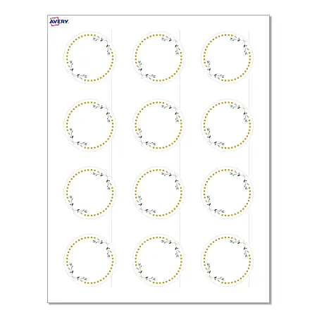 Avery&reg; Print-To-The-Edge Labels & Sure Feed&reg;, S00-D2T-PRWMP10, 2" Round, Matte White, Preprinted Green Floral & Gold Dots Design, Pack Of 120 Handmade