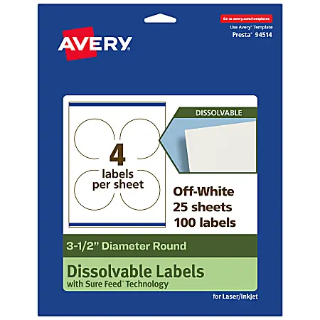 Avery&reg; Print-to-the-Edge Dissolvable Labels With Sure Feed&reg; Technology, 94514-DWMP25, Round, 3-1/2", Matte Off-White, Pack Of 100 Direct From Factory