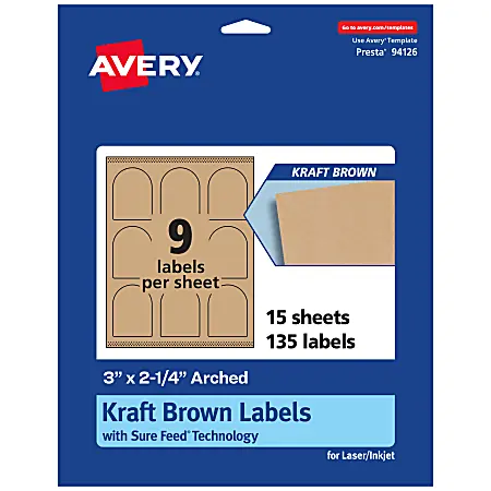 Original Avery&reg; Kraft Permanent Labels With Sure Feed&reg;, 94126-KMP15, Arched, 3" x 2-1/4", Brown, Pack Of 135