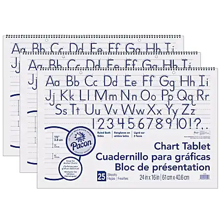 Genuine Pacon&reg; Chart Tablets, Manuscript Cover, 24" x 16", 1-1/2" Ruled, White, 25 Sheets Per Tablet, Pack Of 3 Tablets