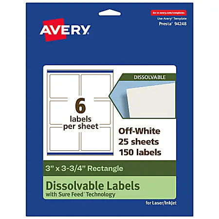 Time-Limited Avery&reg; Print-to-the-Edge Dissolvable Labels With Sure Feed&reg; Technology, 94248-DWMP25, Rectangle, 3"x3-3/4", Matte Off-White, Pack Of 150