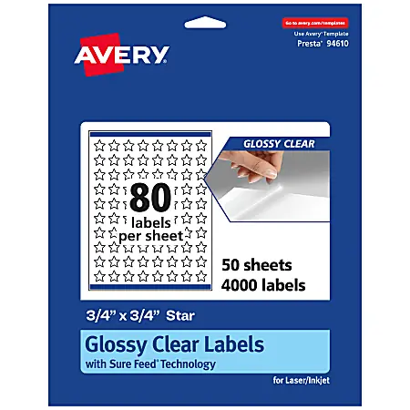 Avery&reg; Glossy Permanent Labels With Sure Feed&reg;, 94610-CGF50, Star, 3/4" x 3/4", Clear, Pack Of 4,000 Original