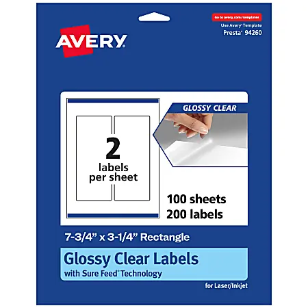 Save Now Avery&reg; Glossy Permanent Labels With Sure Feed&reg;, 94260-CGF100, Rectangle, 7-3/4" x 3-1/4", Clear, Pack Of 200