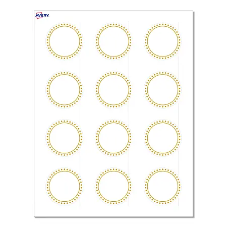 Avery&reg; Print-To-The-Edge Labels & Sure Feed&reg;, S00-D1D-PRWMP10, 2" Round, Matte White, Preprinted Gold Border & Gold Dots Design, Pack Of 120 Today Only