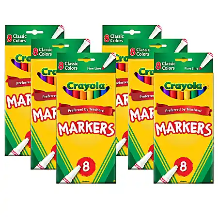 In Demand Crayola Original Formula Markers, Fine Tip, Classic Colors, 8 Per Box, Set Of 6 Boxes