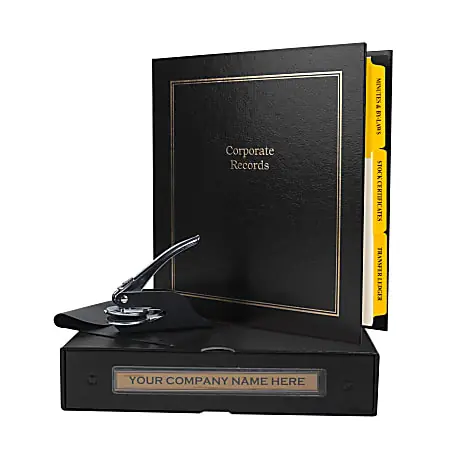 Custom Standard Corporate Kit, 1-1/2" Black Binder, 20 Blue Stock Certificates, 1-5/8" Corporate Seal Embosser Same Day Shipping