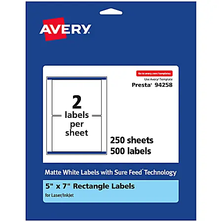 Buy Direct Avery&reg; Permanent Labels With Sure Feed&reg;, 94258-WMP250, Rectangle, 5" x 7", White, Pack Of 500