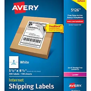 Avery&reg; TrueBlock&reg; White Laser Shipping Labels, Internet, 5126, 5 1/2" x 8 1/2", Pack Of 200 No Minimum Order