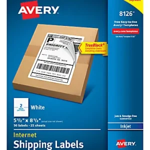 Avery&reg; TrueBlock&reg; Permanent Inkjet Shipping Labels, Internet, 8126, 5 1/2" x 8 1/2", White, Pack Of 50 Top Rated