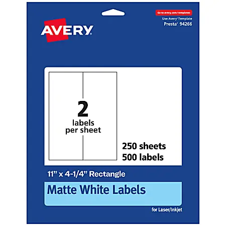 New Release Avery&reg; Permanent Labels, 94266-WMP250, Rectangle, 11" x 4-1/4", White, Pack Of 500