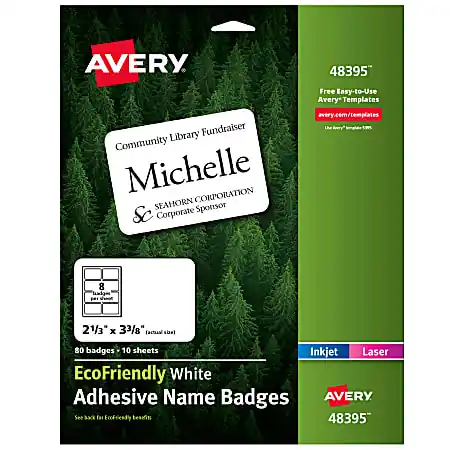 Avery&reg; EcoFriendly 100% Recycled Name Badges, 2 1/3" x 3 3/8", White, Pack Of 80 Buy Online