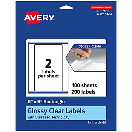 Avery&reg; Glossy Permanent Labels With Sure Feed&reg;, 94257-CGF100, Rectangle, 5" x 6", Clear, Pack Of 200 Direct From Manufacturer