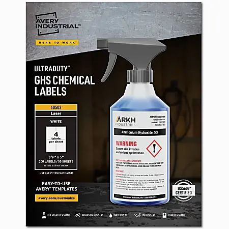 Avery&reg; UltraDuty&reg; GHS Chemical Labels For Laser Printers, Waterproof, UV Resistant, 60503, Rectangle, 3-1/2" x 5", White, Pack Of 200 Free Returns