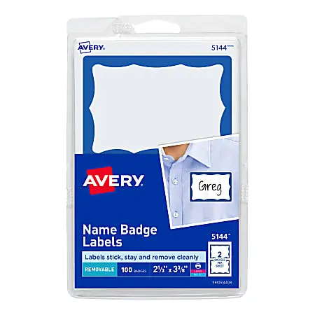 Avery&reg; Name Tags, 05144, 2-1/3" x 3-3/8", White With Blue Border, 100 Removable Name Badges Secure Checkout
