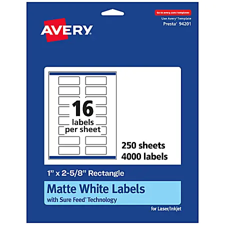 Avery&reg; Permanent Labels With Sure Feed&reg;, 94201-WMP250, Rectangle, 1" x 2-5/8", White, Pack Of 4,000 Handmade