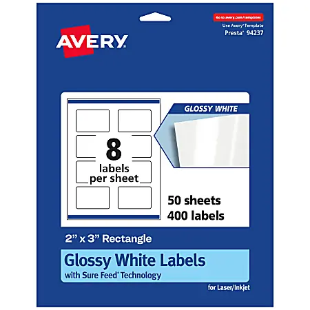 Direct From Factory Avery&reg; Glossy Permanent Labels With Sure Feed&reg;, 94237-WGP50, Rectangle, 2" x 3", White, Pack Of 400