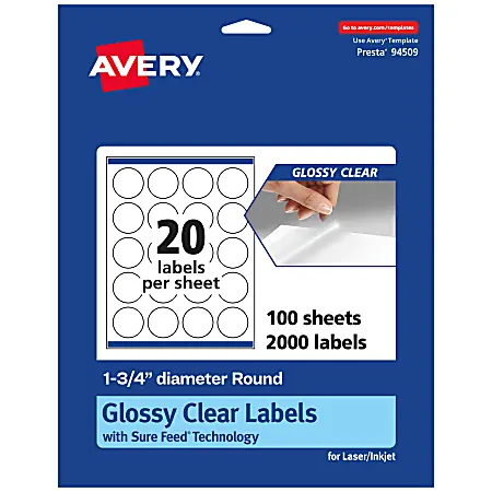 Avery&reg; Glossy Permanent Labels With Sure Feed&reg;, 94509-CGF100, Round, 1-3/4" Diameter, Clear, Pack Of 2,000 Handmade
