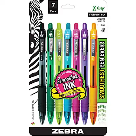 Don’t Miss Out Zebra&reg; Pen Z-Grip&reg; Retractable Ballpoint Pens, Pack Of 7, Medium Point, 1.0 mm, Translucent Barrel, Assorted Ink Colors